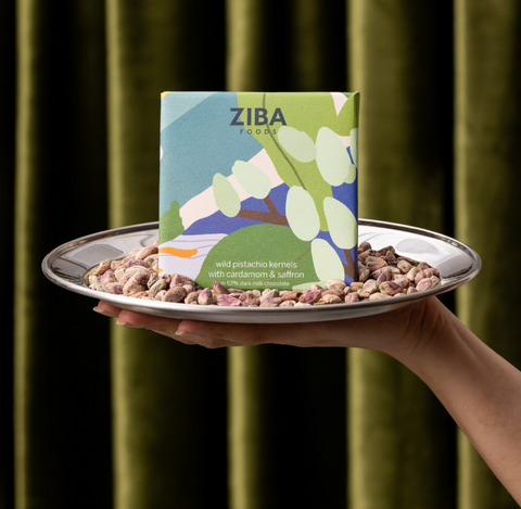 Ziba Foods, Wild Pistachio Kernals with Cardamom & Saffron Chocolate