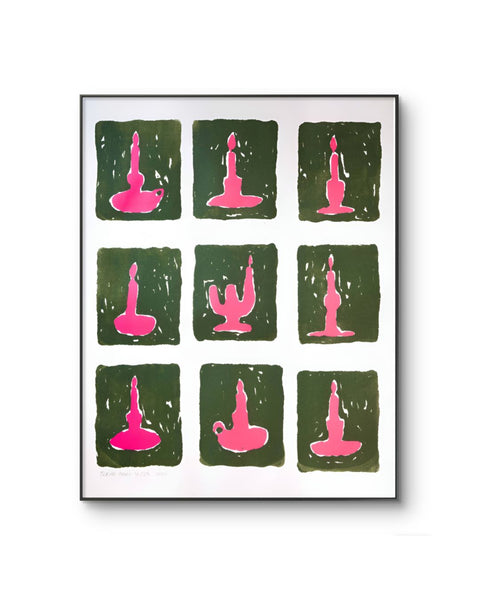 Garage Co, Termeh Ziaei, Nine Pink Candle Sticks on Nine Green Backgrounds, 2023