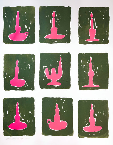 Garage Co, Termeh Ziaei, Nine Pink Candle Sticks on Nine Green Backgrounds, 2023