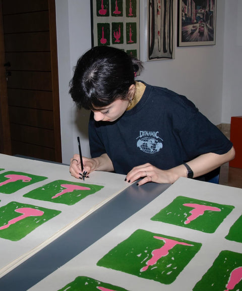 Garage Co, Termeh Ziaei, Nine Pink Candle Sticks on Nine Green Backgrounds, 2023